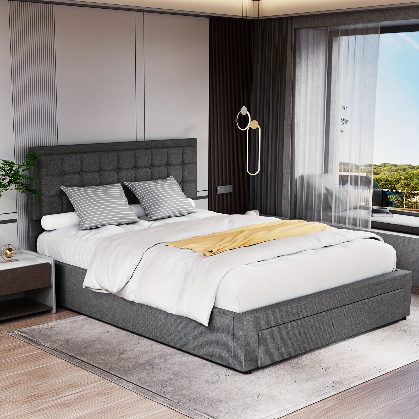 Double Ottoman Bed Frame with Storage PU Leather Grey Hydraulic Lift - Image 7