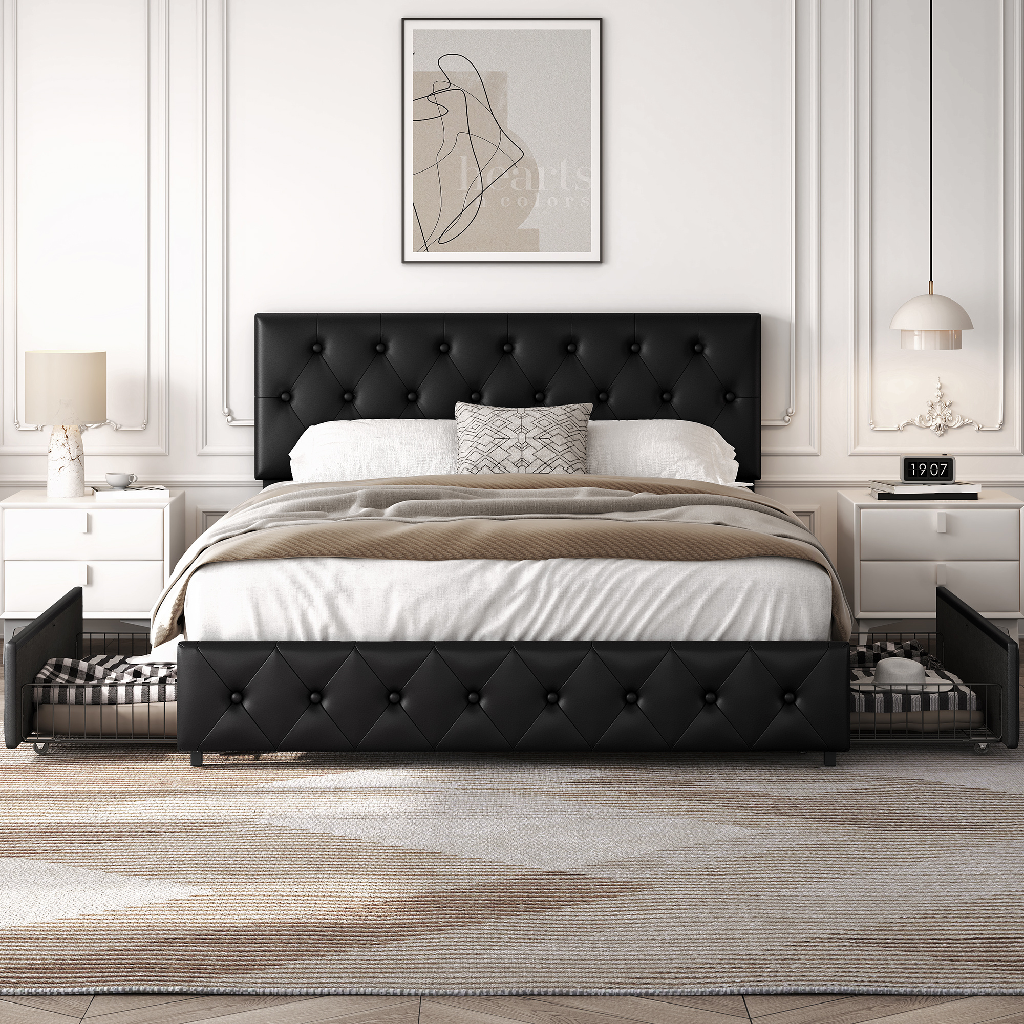 Faux Leather Upholstered Bed Frame with Storage Drawers – Black - Image 6