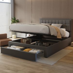 Double Ottoman Bed Frame with Storage PU Leather Grey Hydraulic Lift