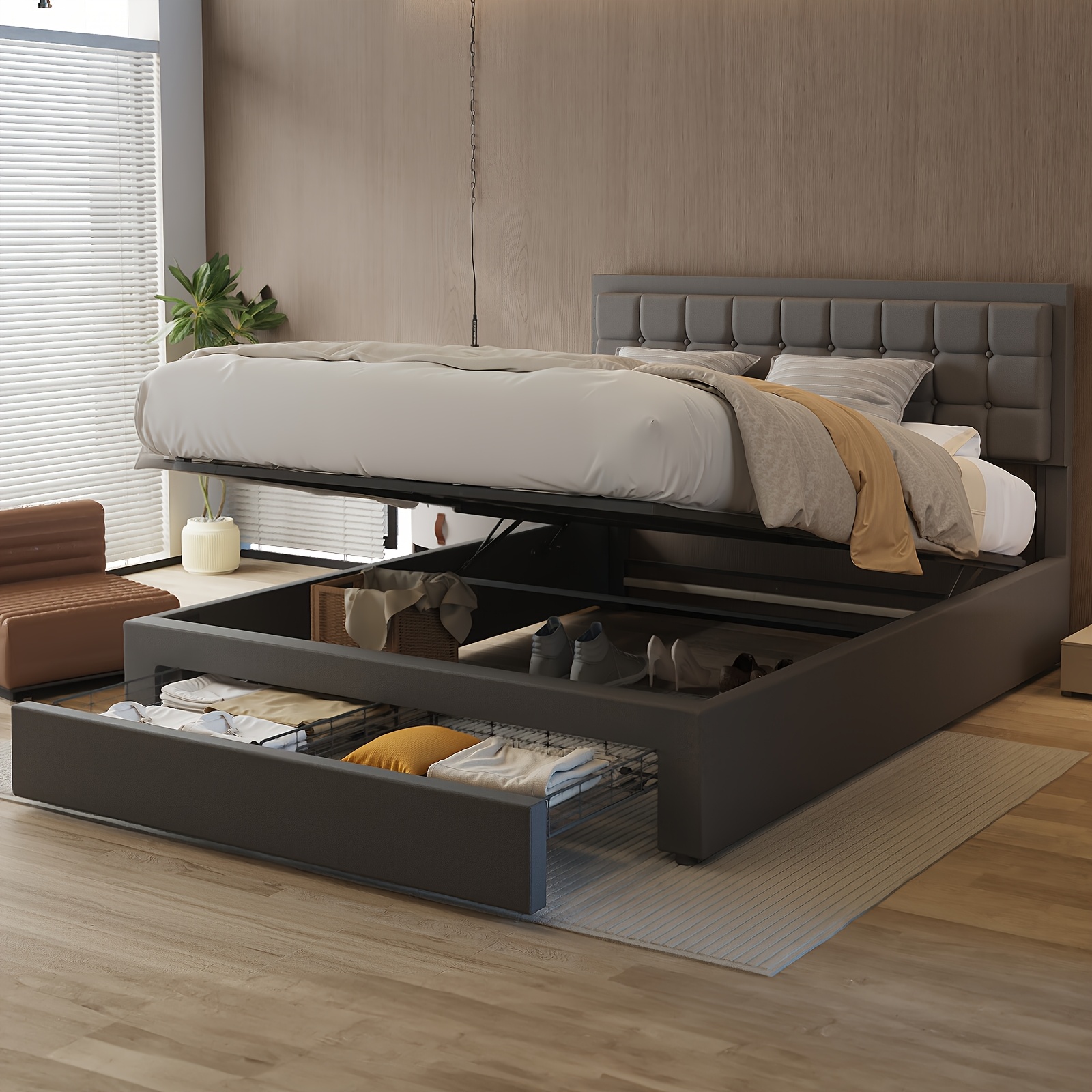 Double Ottoman Bed Frame with Storage PU Leather Grey Hydraulic Lift - Image 2