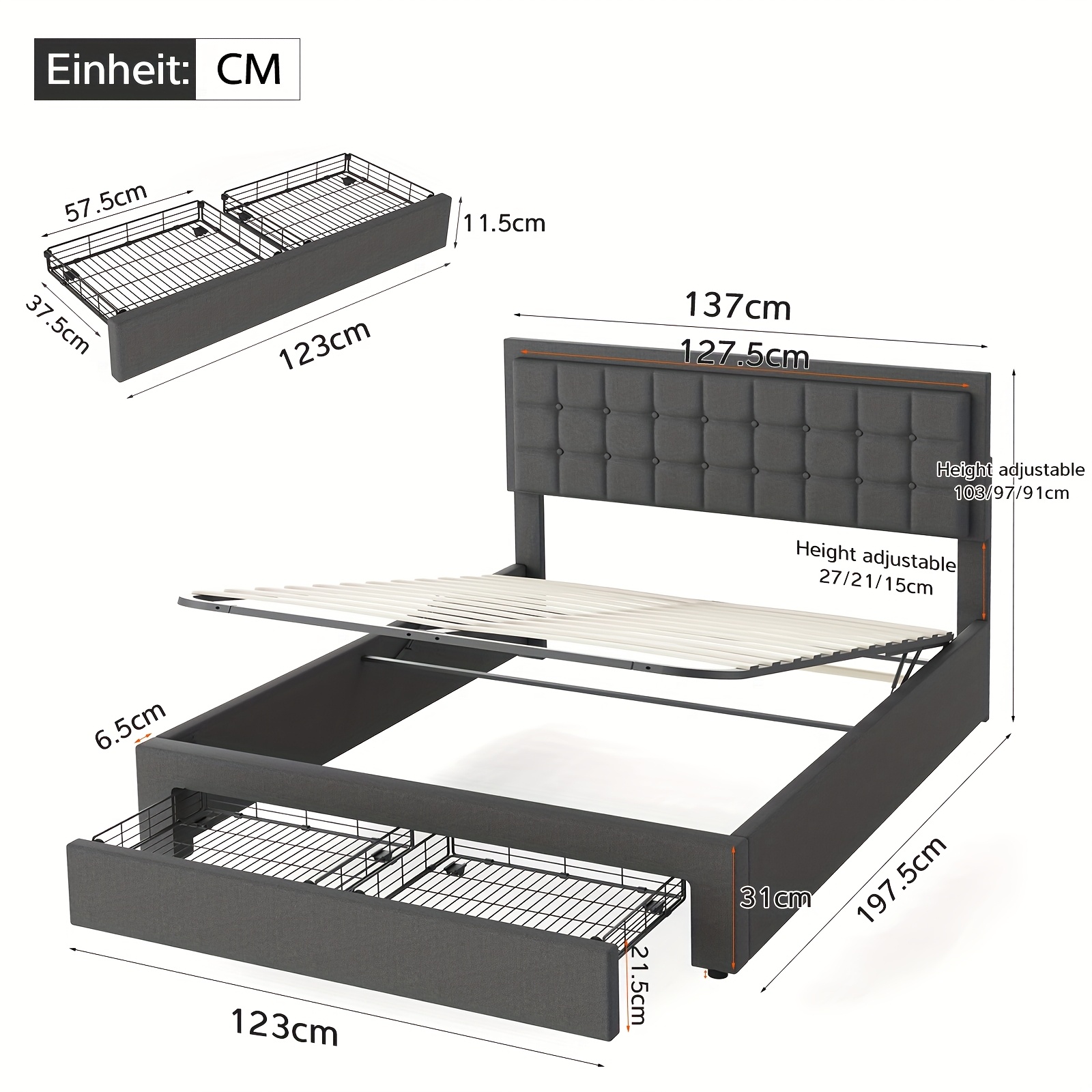 Double Ottoman Bed Frame with Storage PU Leather Grey Hydraulic Lift - Image 6