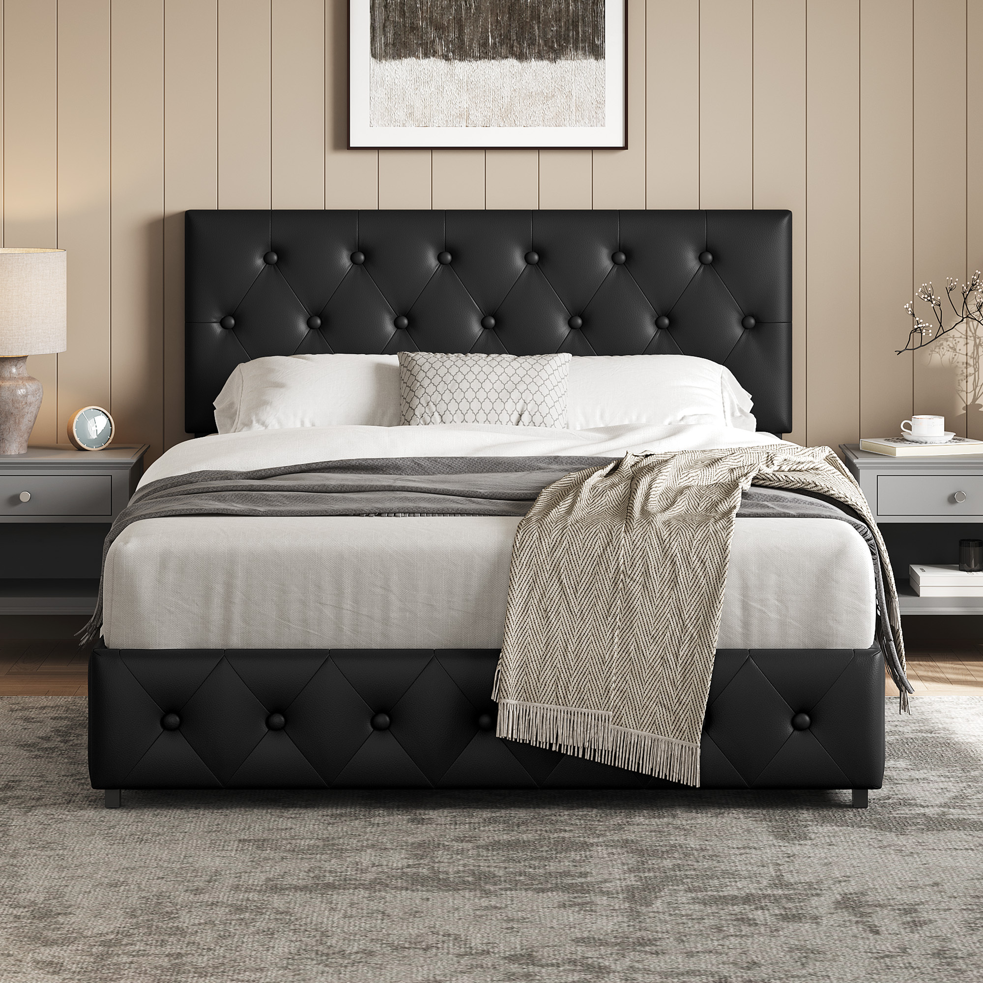 Faux Leather Upholstered Bed Frame with Storage Drawers – Black - Image 2