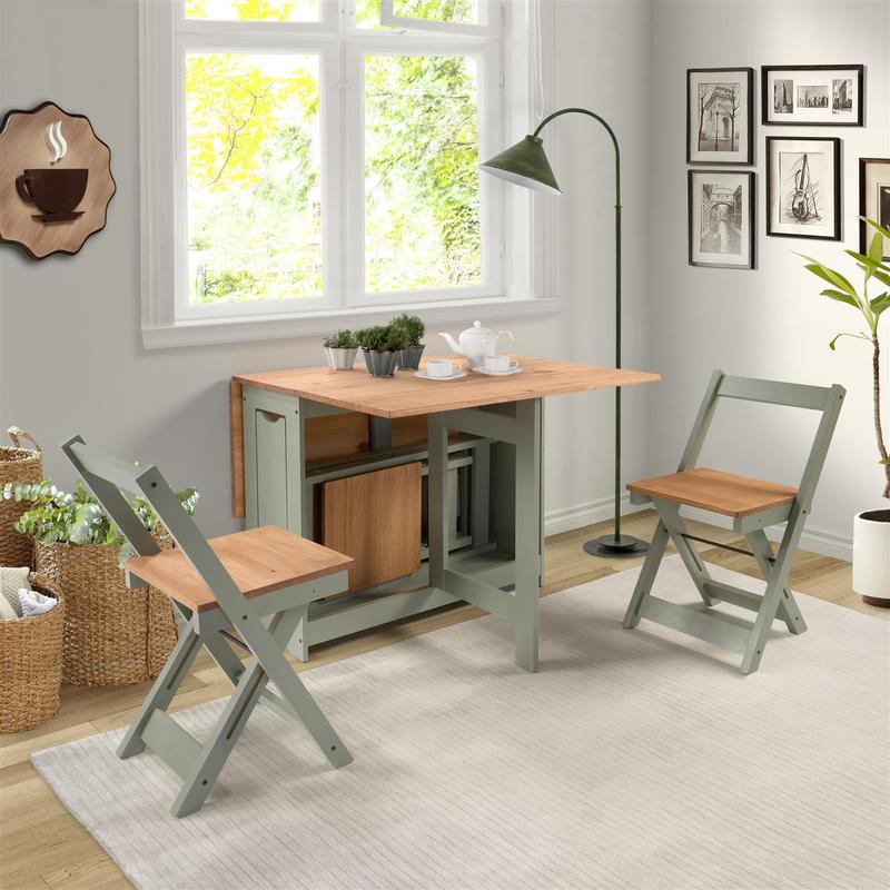 Folding Drop Leaf Butterfly Dining Table Set 4 Chairs Sage Green Pine. - Image 2