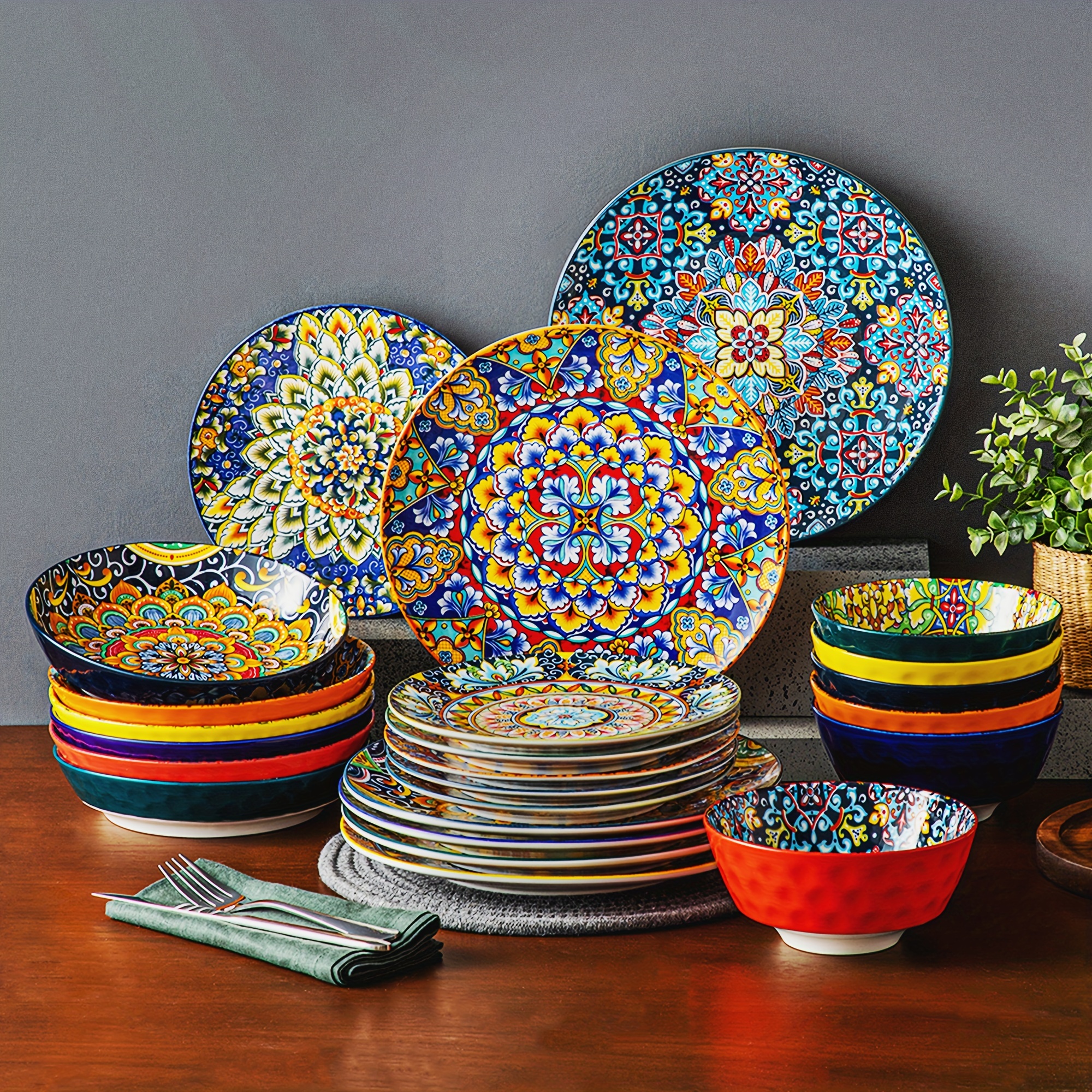Bohemian 24pcs Stoneware Dinner Set Plates & Bowls Tableware for 6