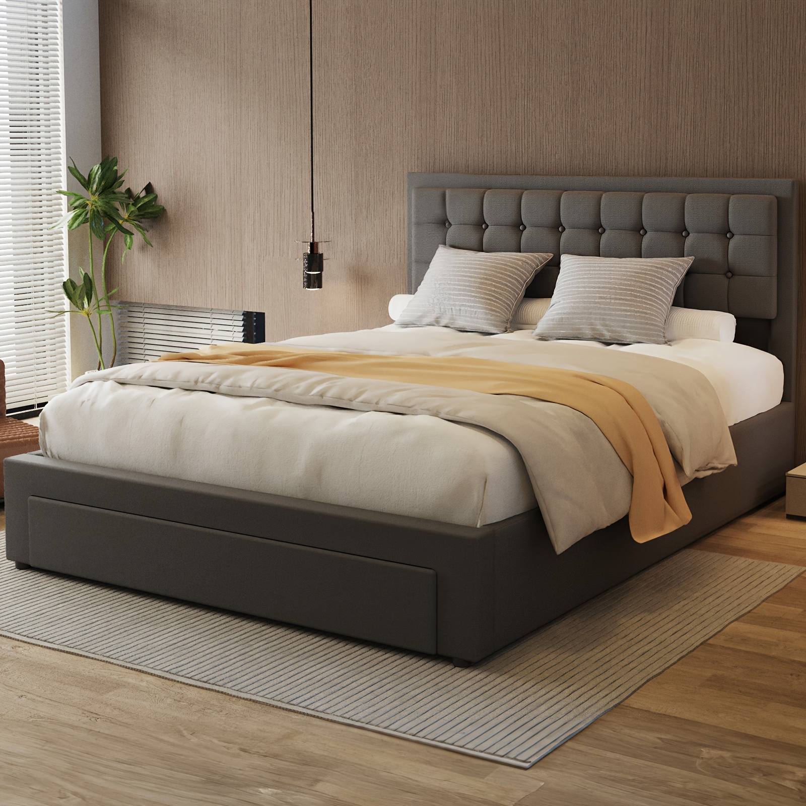 Double Ottoman Bed Frame with Storage PU Leather Grey Hydraulic Lift - Image 5