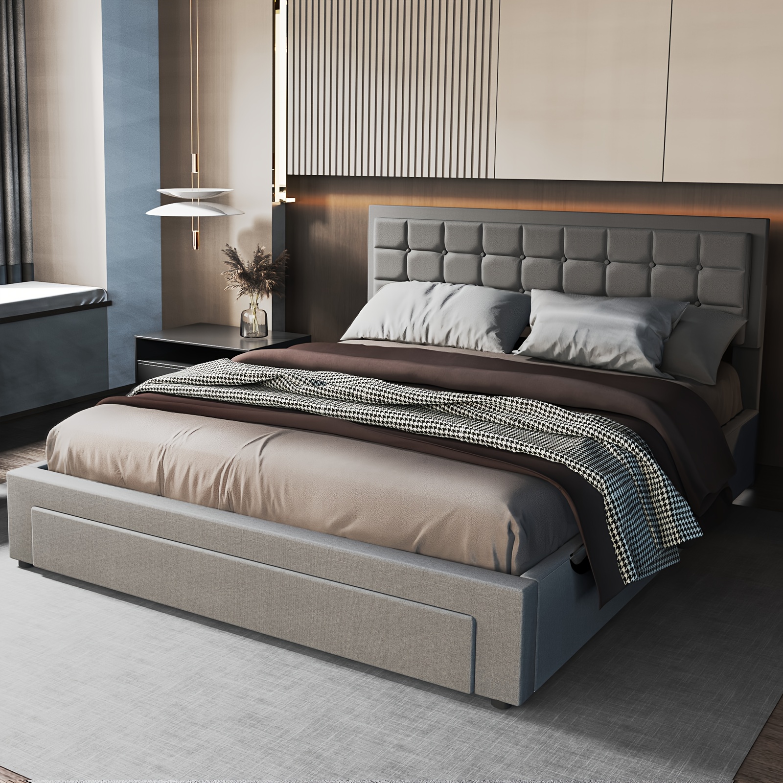 Double Ottoman Bed Frame with Storage PU Leather Grey Hydraulic Lift - Image 8