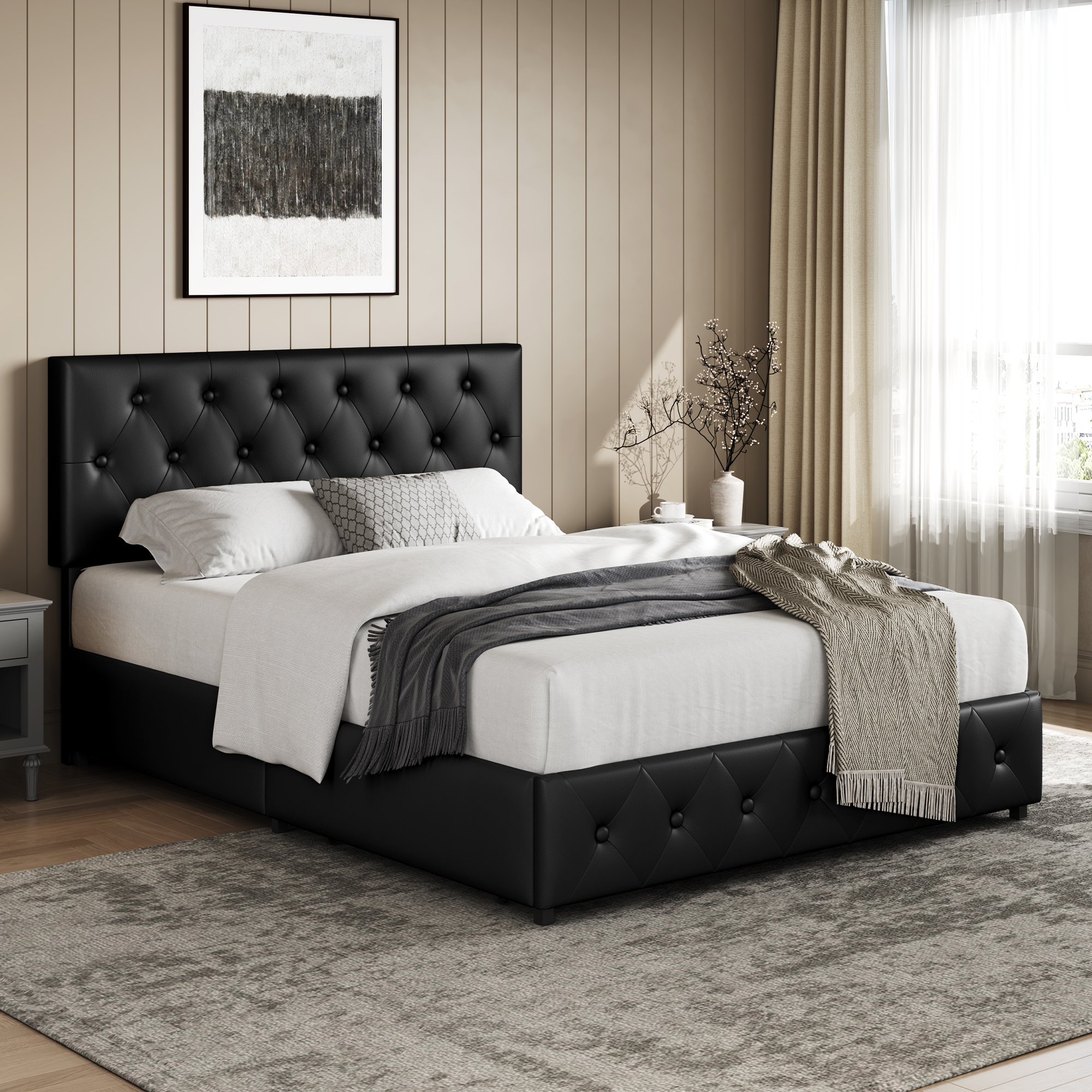 Faux Leather Upholstered Bed Frame with Storage Drawers – Black