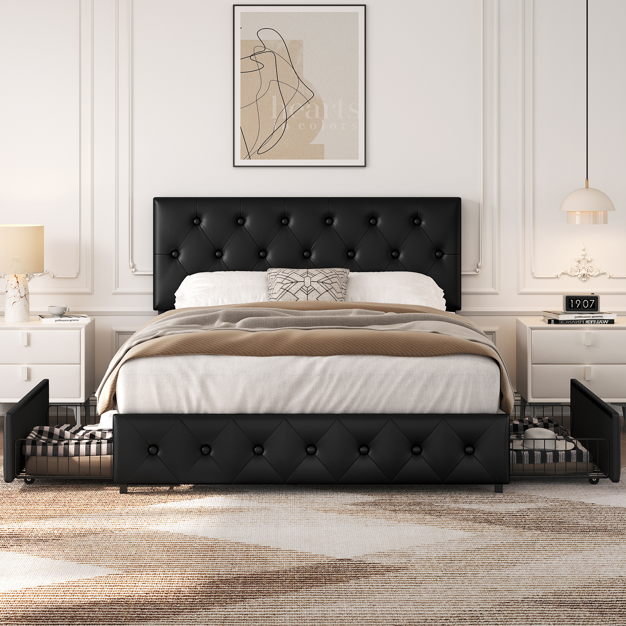 Faux Leather Upholstered Bed Frame with Storage Drawers – Black - Image 4