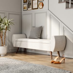 Padded Storage Bench Seat with Wooden Legs for Hallway Bedroom or Living Room