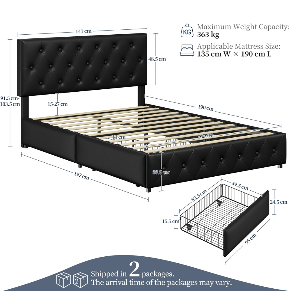 Faux Leather Upholstered Bed Frame with Storage Drawers – Black - Image 5