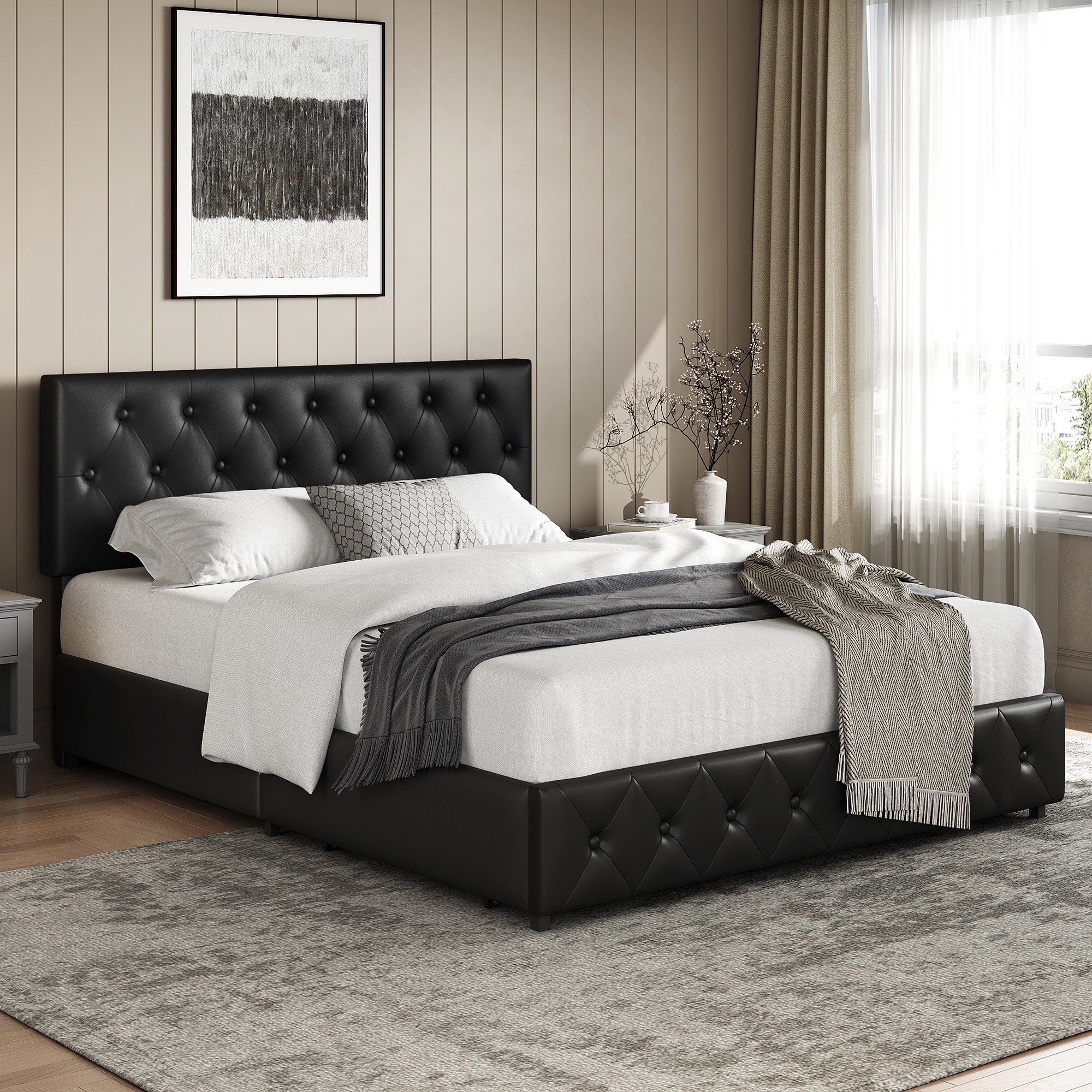 Faux Leather Upholstered Bed Frame with Storage Drawers – Black - Image 3