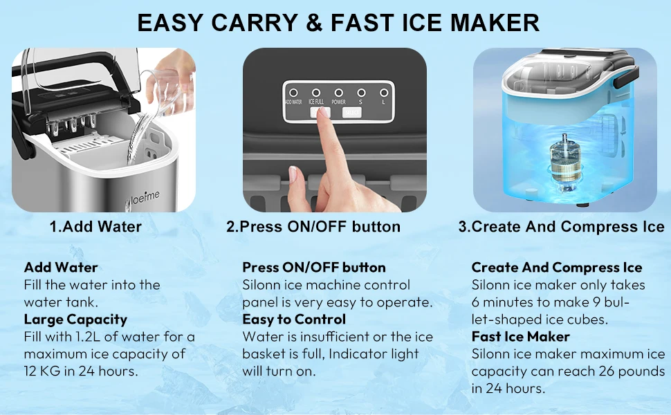 LOEFME Portable Mini Ice Maker, 12kg/24h Automatic Bullet Ice Machine - Image 10