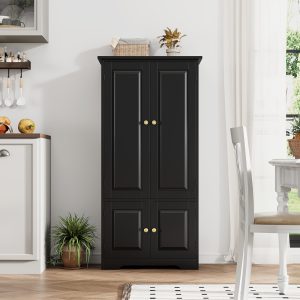 Kealive Black Kitchen Cupboard with 4 Doors & Adjustable Shelves