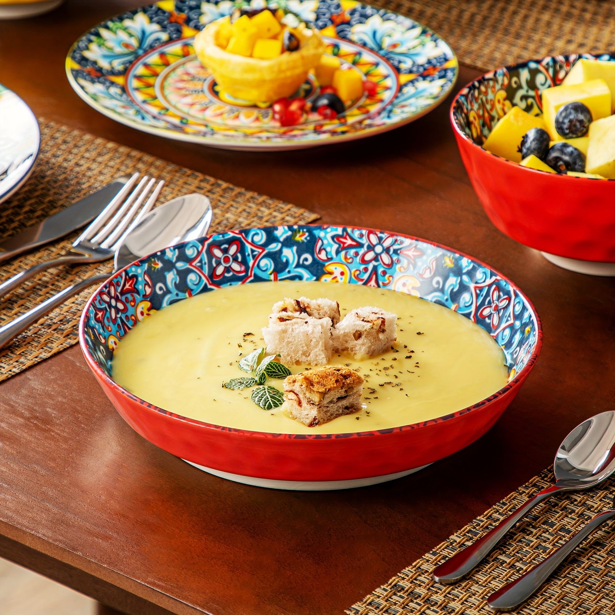 Bohemian 24pcs Stoneware Dinner Set Plates & Bowls Tableware for 6 - Image 10