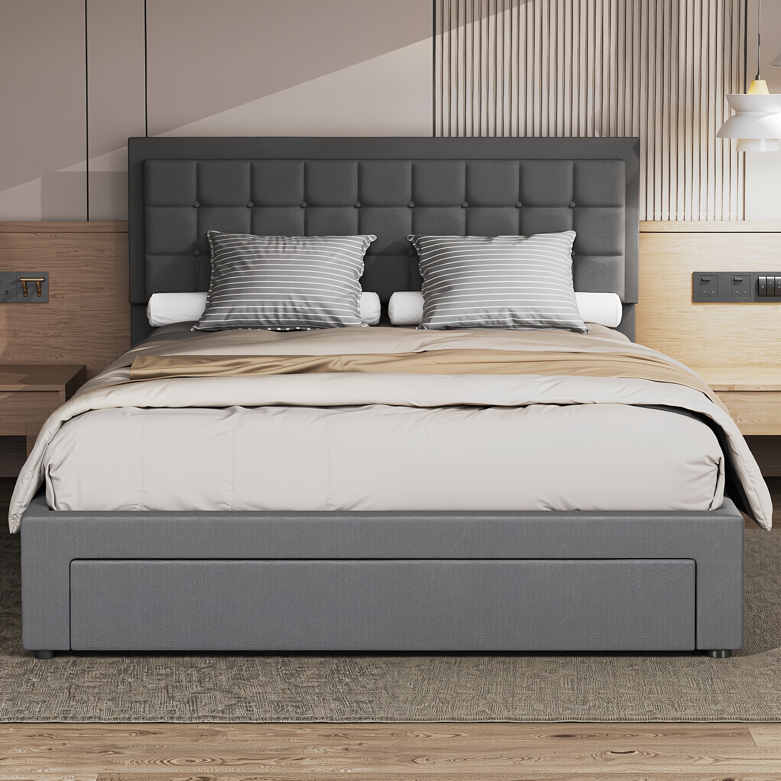 Double Ottoman Bed Frame with Storage PU Leather Grey Hydraulic Lift - Image 4