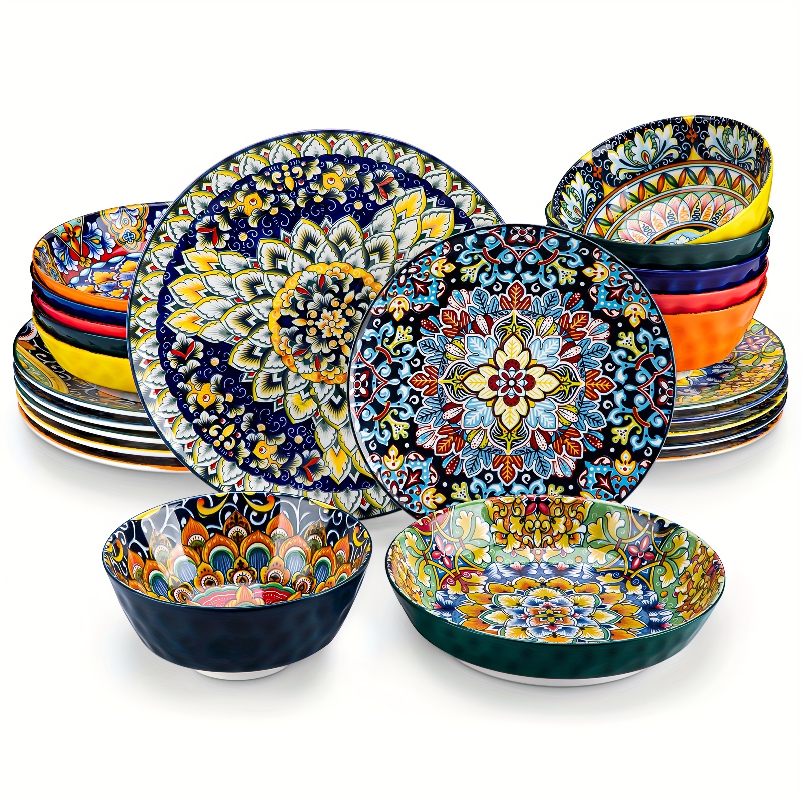 Bohemian 24pcs Stoneware Dinner Set Plates & Bowls Tableware for 6 - Image 4