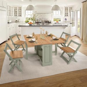 Folding Drop Leaf Butterfly Dining Table Set 4 Chairs Sage Green Pine.