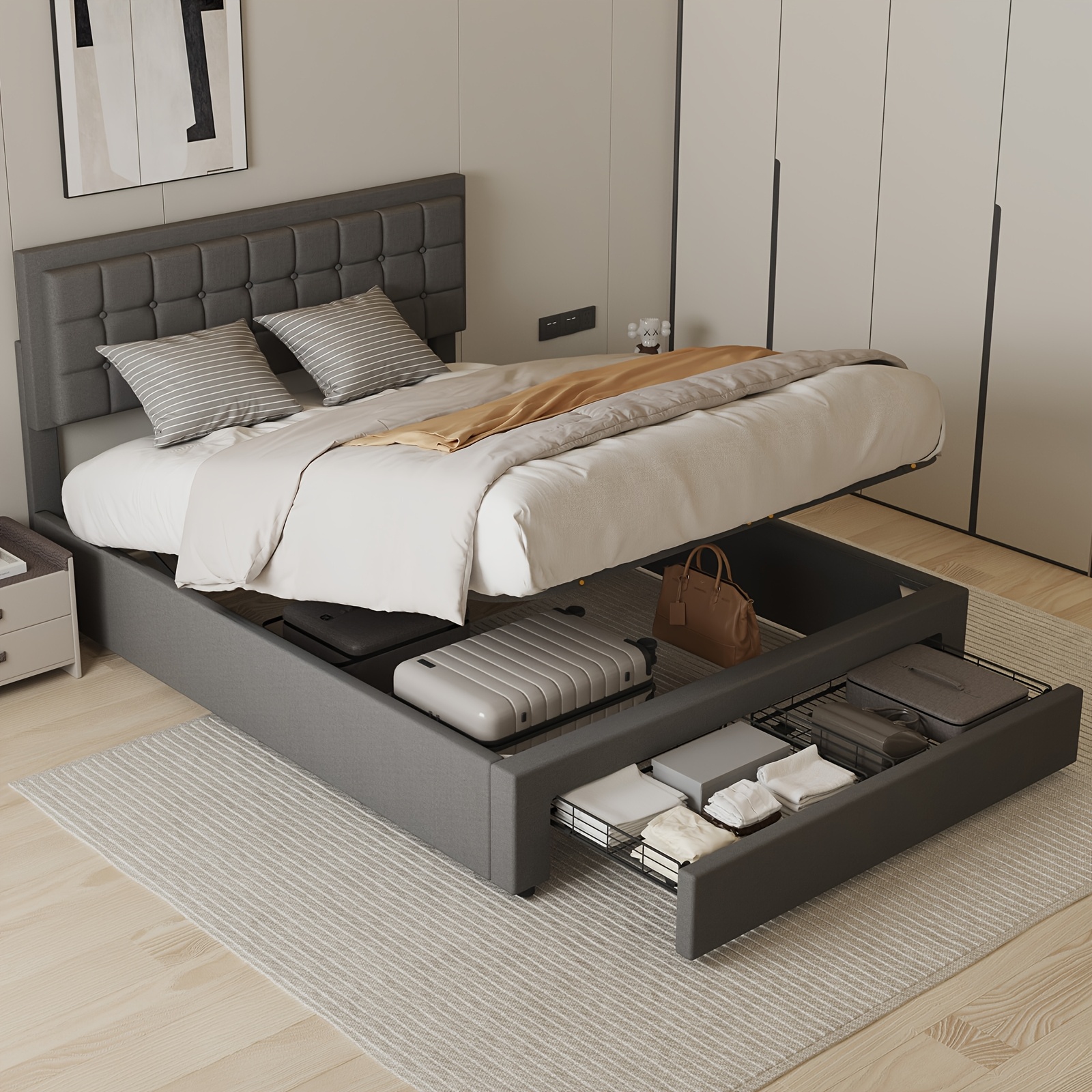Double Ottoman Bed Frame with Storage PU Leather Grey Hydraulic Lift - Image 3