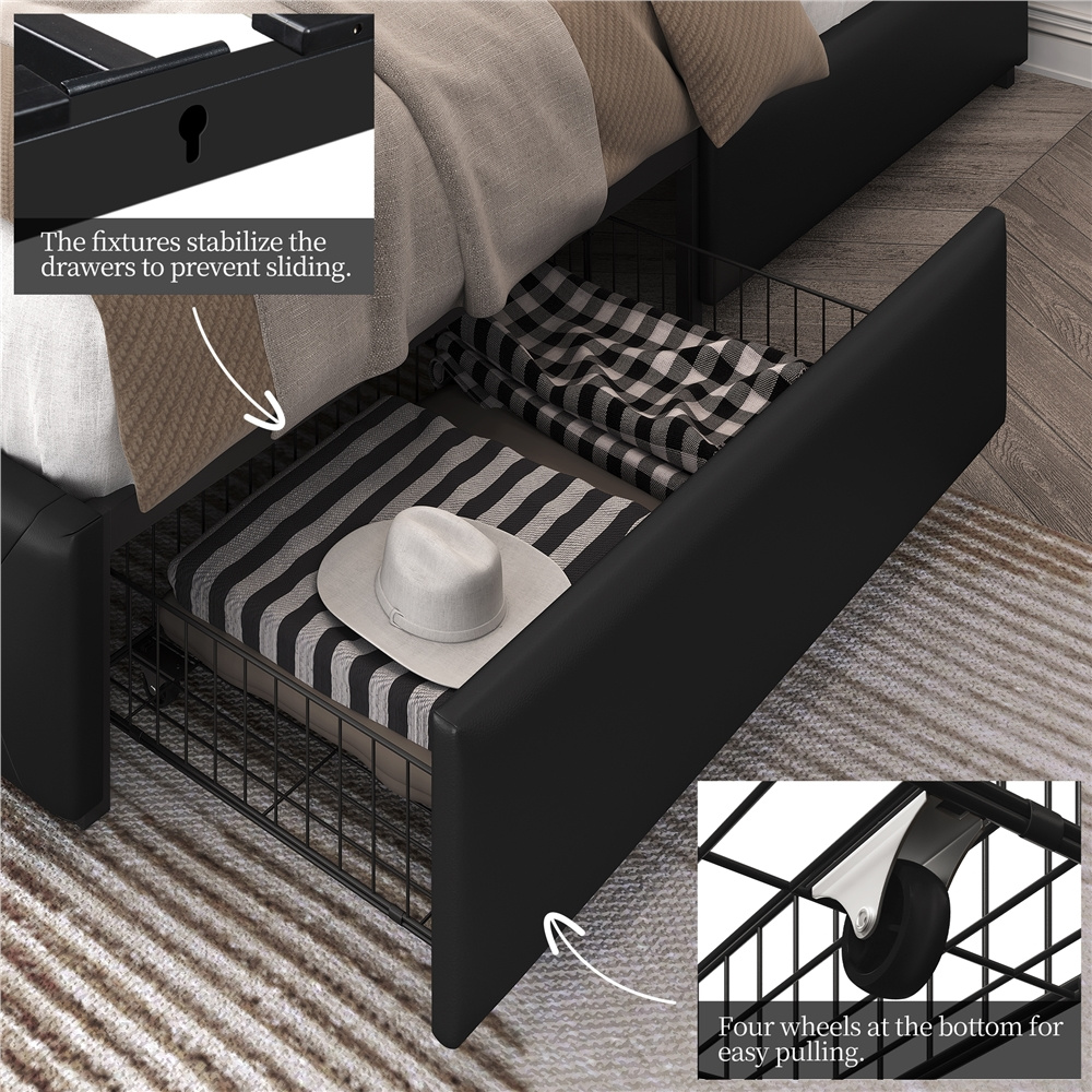 Faux Leather Upholstered Bed Frame with Storage Drawers – Black - Image 12