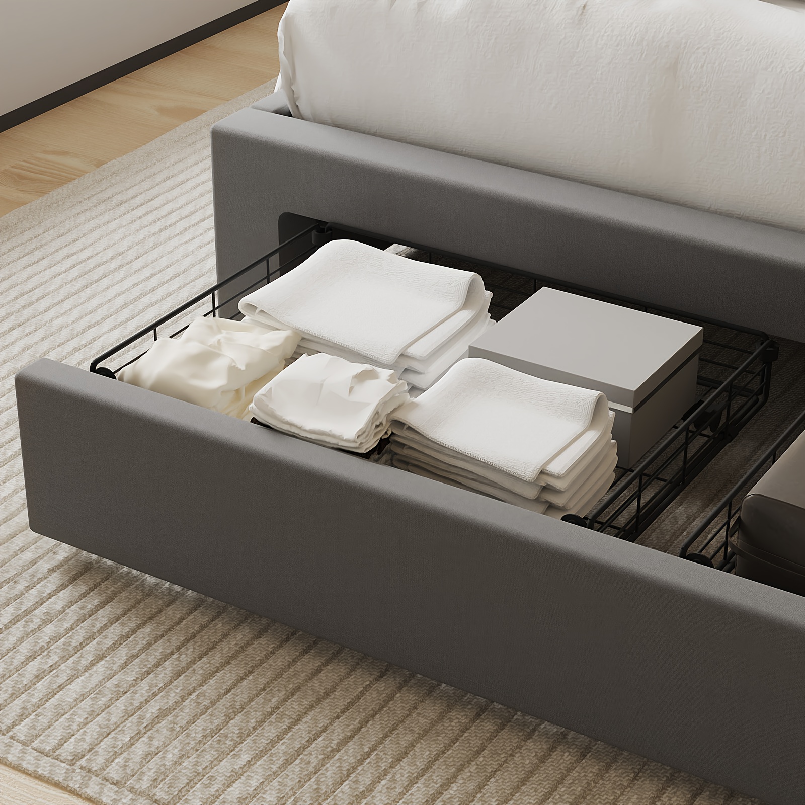 Double Ottoman Bed Frame with Storage PU Leather Grey Hydraulic Lift - Image 9