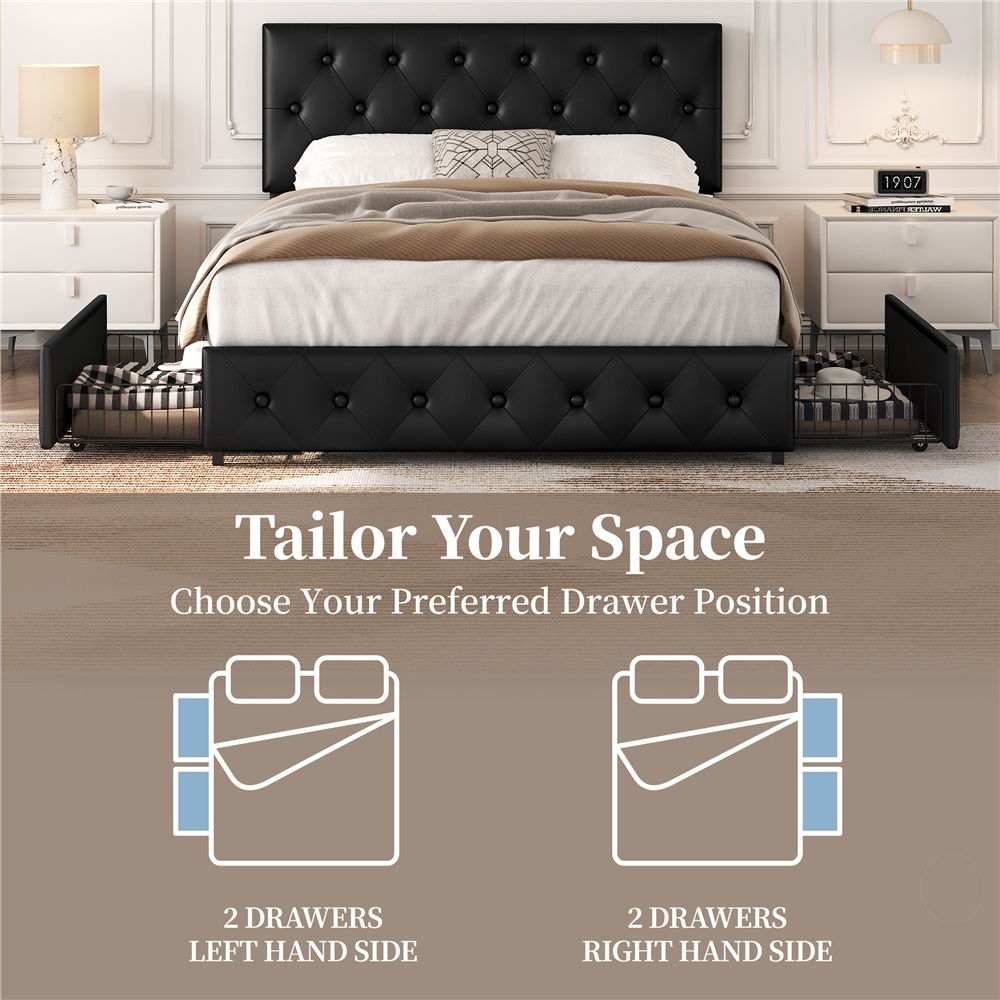 Faux Leather Upholstered Bed Frame with Storage Drawers – Black - Image 11
