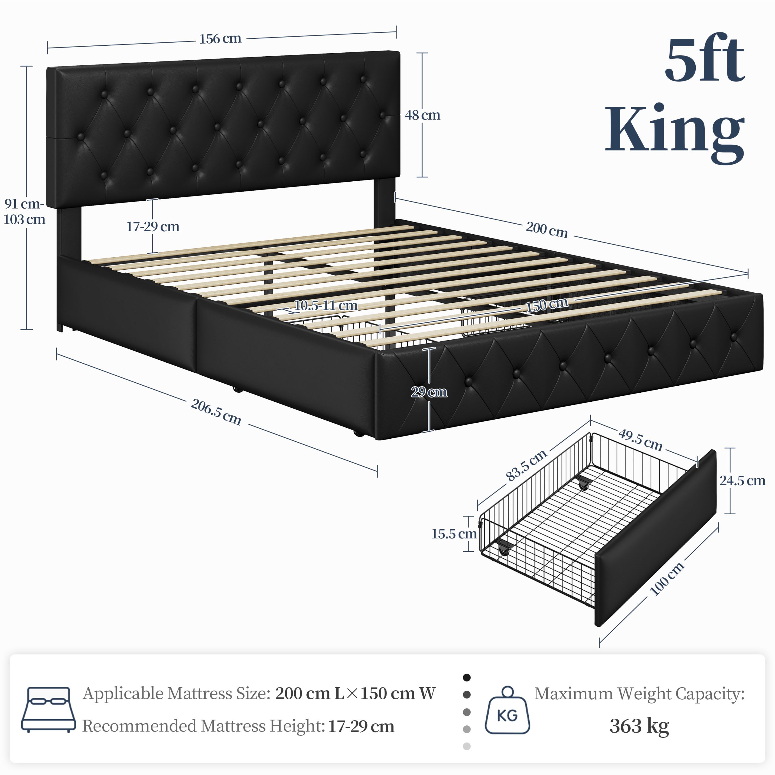 Faux Leather Upholstered Bed Frame with Storage Drawers – Black - Image 8